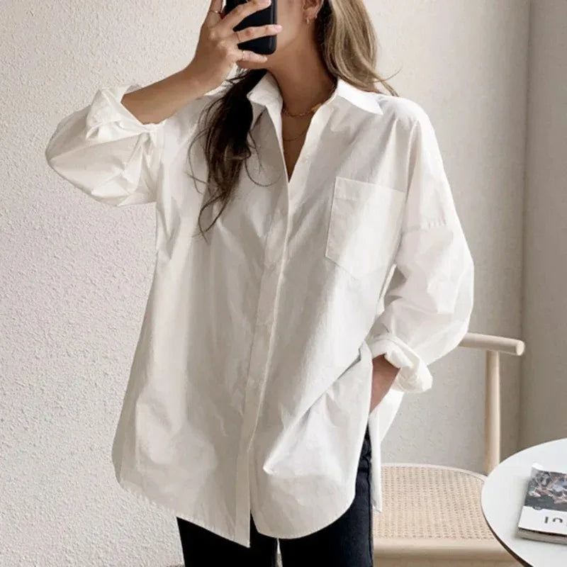 Women's White Oversized Button-Down Blouse – Long Sleeve Shirt with Chest Pocket