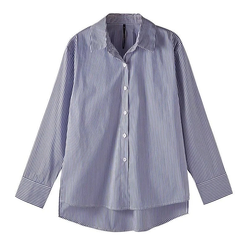 Women's Striped Button-Down Long Sleeve Blouse – Collared Shirt for Work and Weekend