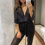 Women's Sequin Strapless Wide Leg Jumpsuit with Belt – Glitter Party and Evening Jumpsuit