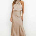 Women's Satin Halter Midi Dress – Sleeveless Wedding Guest & Cocktail Dress for Summer Events