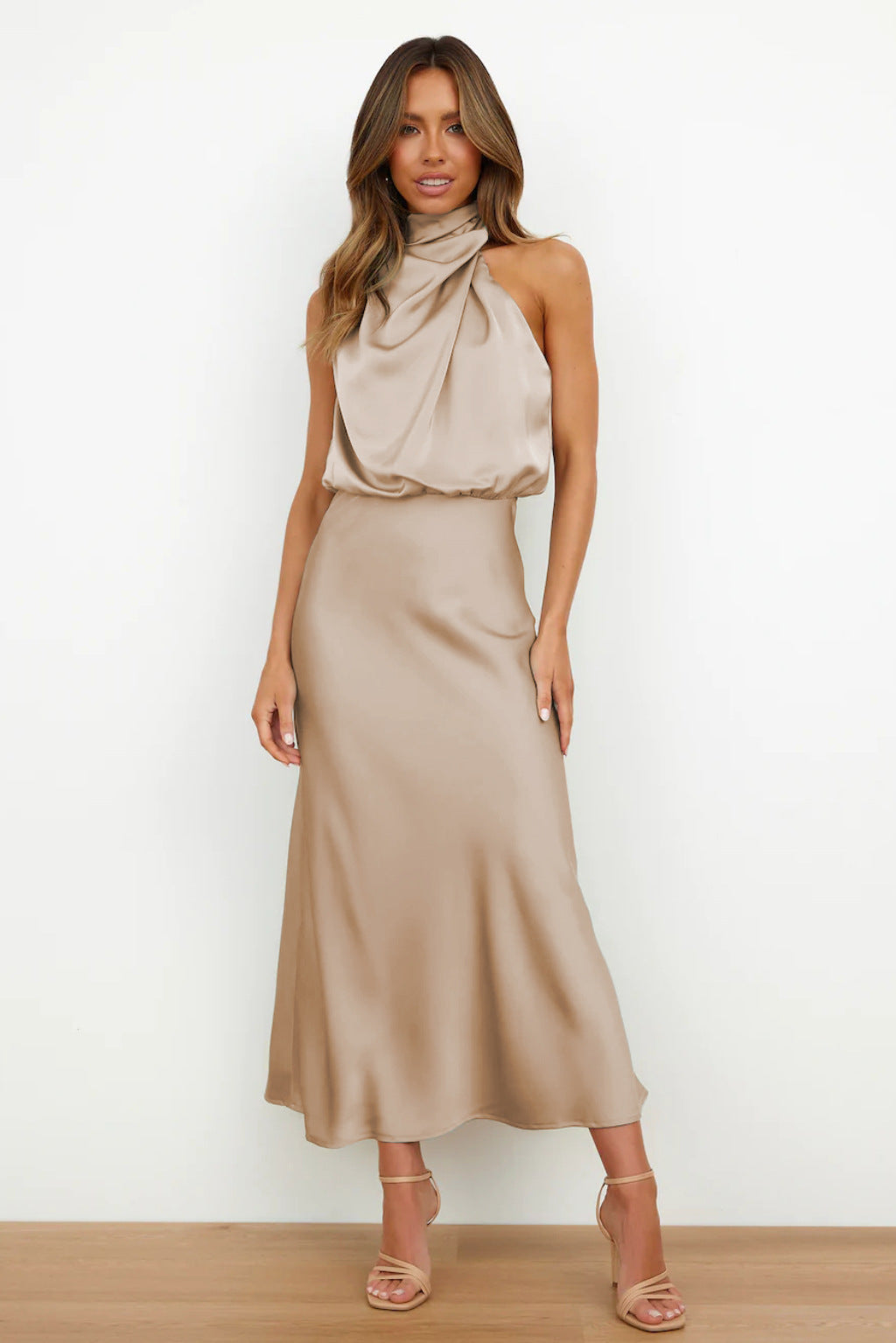 Women's Satin Halter Midi Dress – Sleeveless Wedding Guest & Cocktail Dress for Summer Events