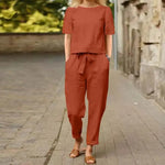 Women's Short Sleeve Top & Tie Waist Pants Co-ord Set – Relaxed Two-Piece for Work & Travel