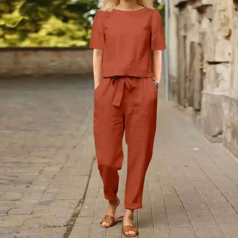 Women's Short Sleeve Top & Tie Waist Pants Co-ord Set – Relaxed Two-Piece for Work & Travel