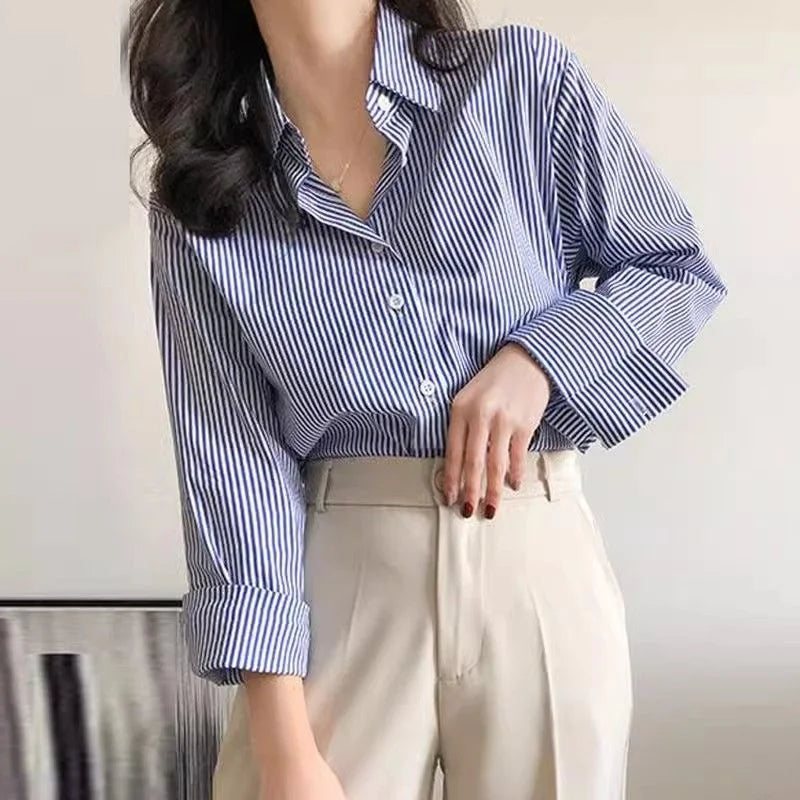 Women's Striped Button-Down Long Sleeve Blouse – Collared Shirt for Work and Weekend