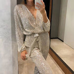 Women's Sequin Strapless Wide Leg Jumpsuit with Belt – Glitter Party and Evening Jumpsuit