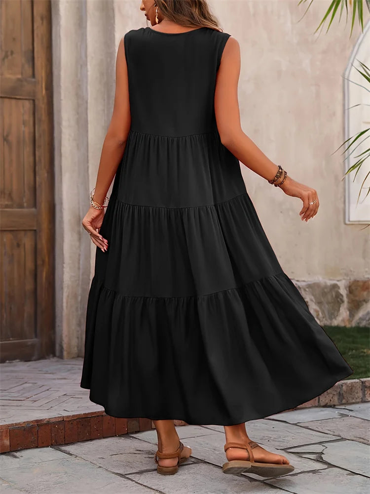 Women's Sleeveless V-Neck Tiered Maxi Dress – Relaxed Flowing Summer Dress