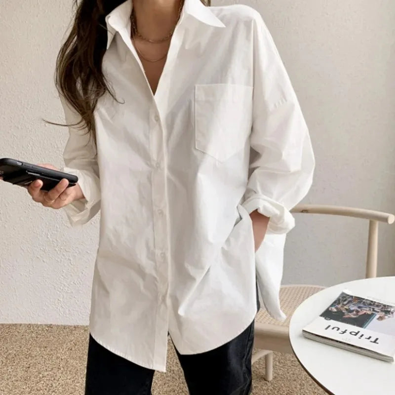 Women's White Oversized Button-Down Blouse – Long Sleeve Shirt with Chest Pocket