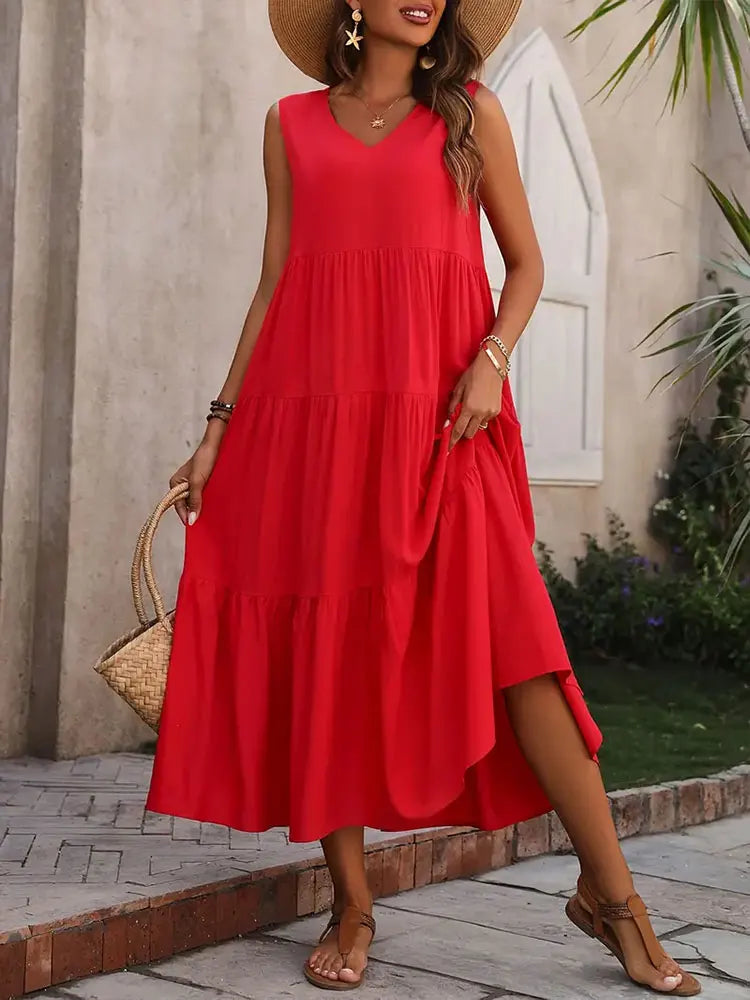 Women's Sleeveless V-Neck Tiered Maxi Dress – Relaxed Flowing Summer Dress
