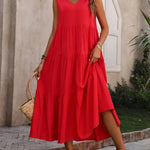 Women's Sleeveless V-Neck Tiered Maxi Dress – Relaxed Flowing Summer Dress