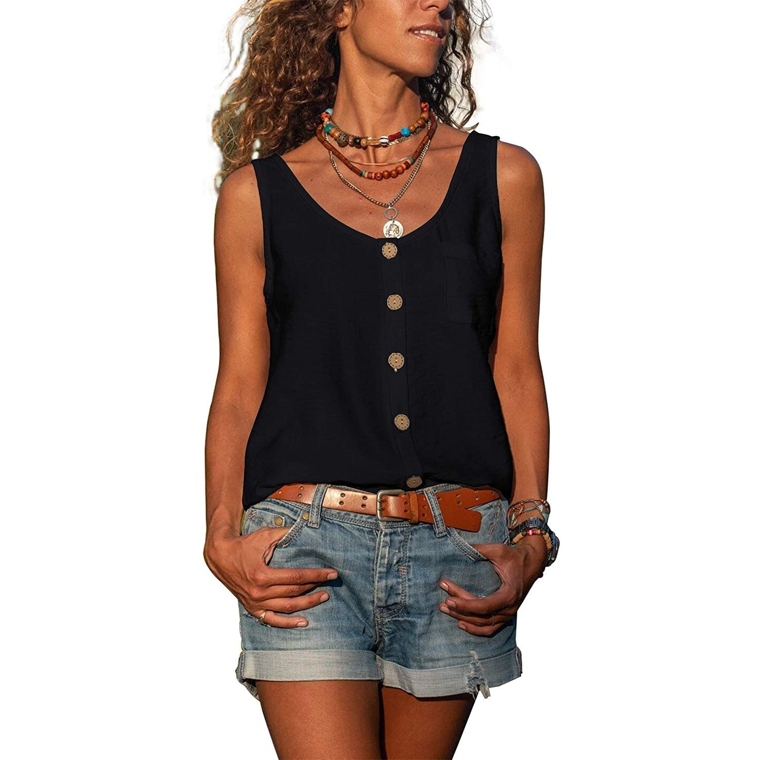 Women's Round Neck Sleeveless Tank Top with Button Detail – Relaxed Casual Summer Top