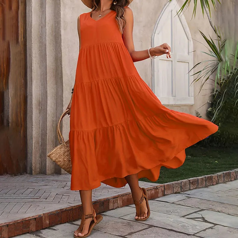 Women's Sleeveless V-Neck Tiered Maxi Dress – Relaxed Flowing Summer Dress