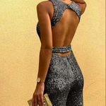 Women's Sleeveless Glitter Jumpsuit with Belt & Open Back – Deep V Neck Party Jumpsuit