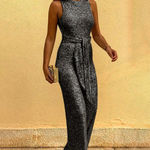 Women's Sleeveless Glitter Jumpsuit with Belt & Open Back – Deep V Neck Party Jumpsuit