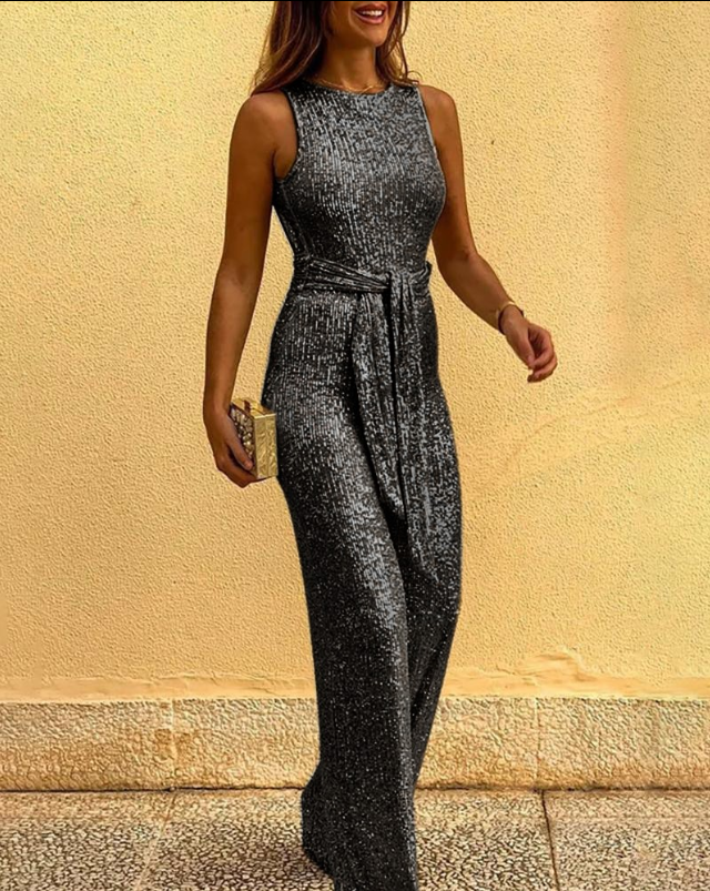 Women's Sleeveless Glitter Jumpsuit with Belt & Open Back – Deep V Neck Party Jumpsuit