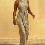 Women's Sleeveless Glitter Jumpsuit with Belt & Open Back – Deep V Neck Party Jumpsuit