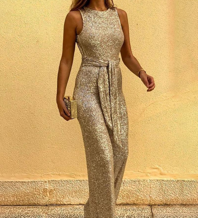 Women's Sleeveless Glitter Jumpsuit with Belt & Open Back – Deep V Neck Party Jumpsuit