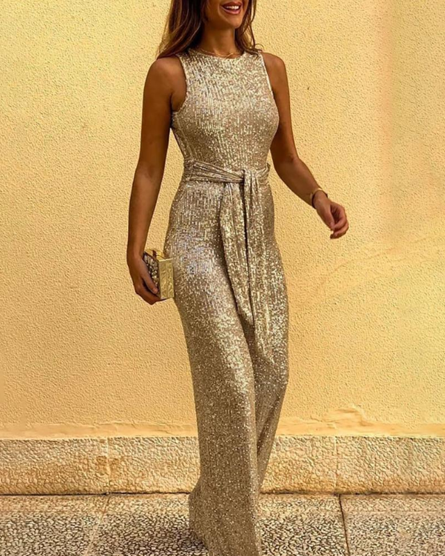 Women's Sleeveless Glitter Jumpsuit with Belt & Open Back – Deep V Neck Party Jumpsuit