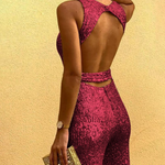Women's Sleeveless Glitter Jumpsuit with Belt & Open Back – Deep V Neck Party Jumpsuit