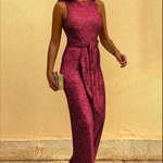 Women's Sleeveless Glitter Jumpsuit with Belt & Open Back – Deep V Neck Party Jumpsuit