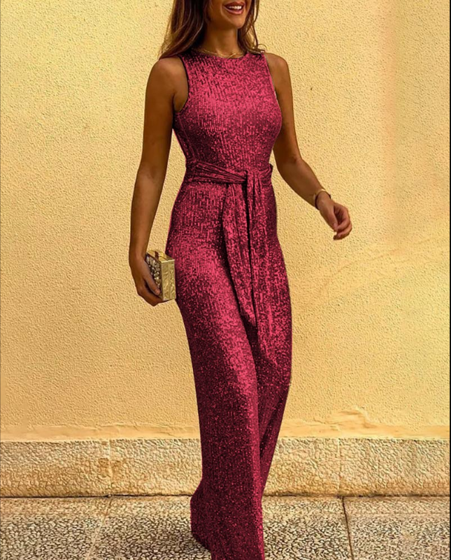 Women's Sleeveless Glitter Jumpsuit with Belt & Open Back – Deep V Neck Party Jumpsuit