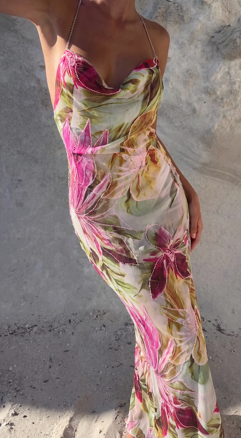 Women's Floral Cowl Neck Maxi Dress – Elegant Summer Wedding Guest & Occasion Dress
