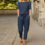 Women's Short Sleeve Top & Tie Waist Pants Co-ord Set – Relaxed Two-Piece for Work & Travel