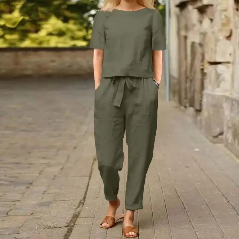 Women's Short Sleeve Top & Tie Waist Pants Co-ord Set – Relaxed Two-Piece for Work & Travel