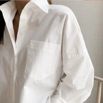 Women's White Oversized Button-Down Blouse – Long Sleeve Shirt with Chest Pocket