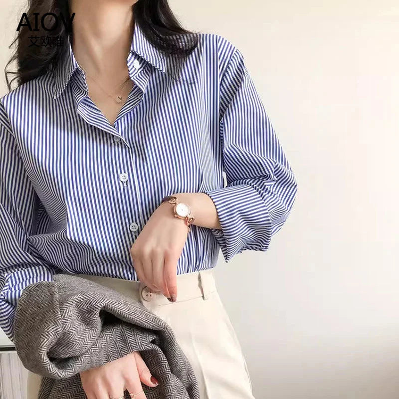 Women's Striped Button-Down Long Sleeve Blouse – Collared Shirt for Work and Weekend