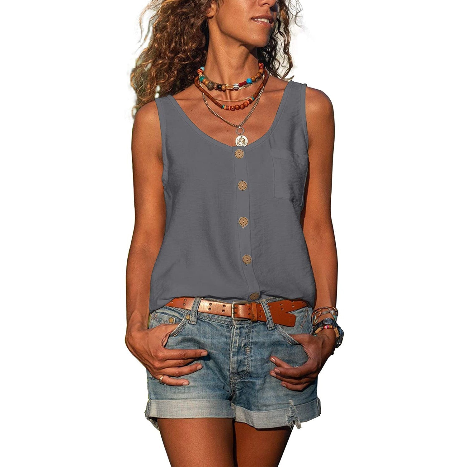 Women's Round Neck Sleeveless Tank Top with Button Detail – Relaxed Casual Summer Top