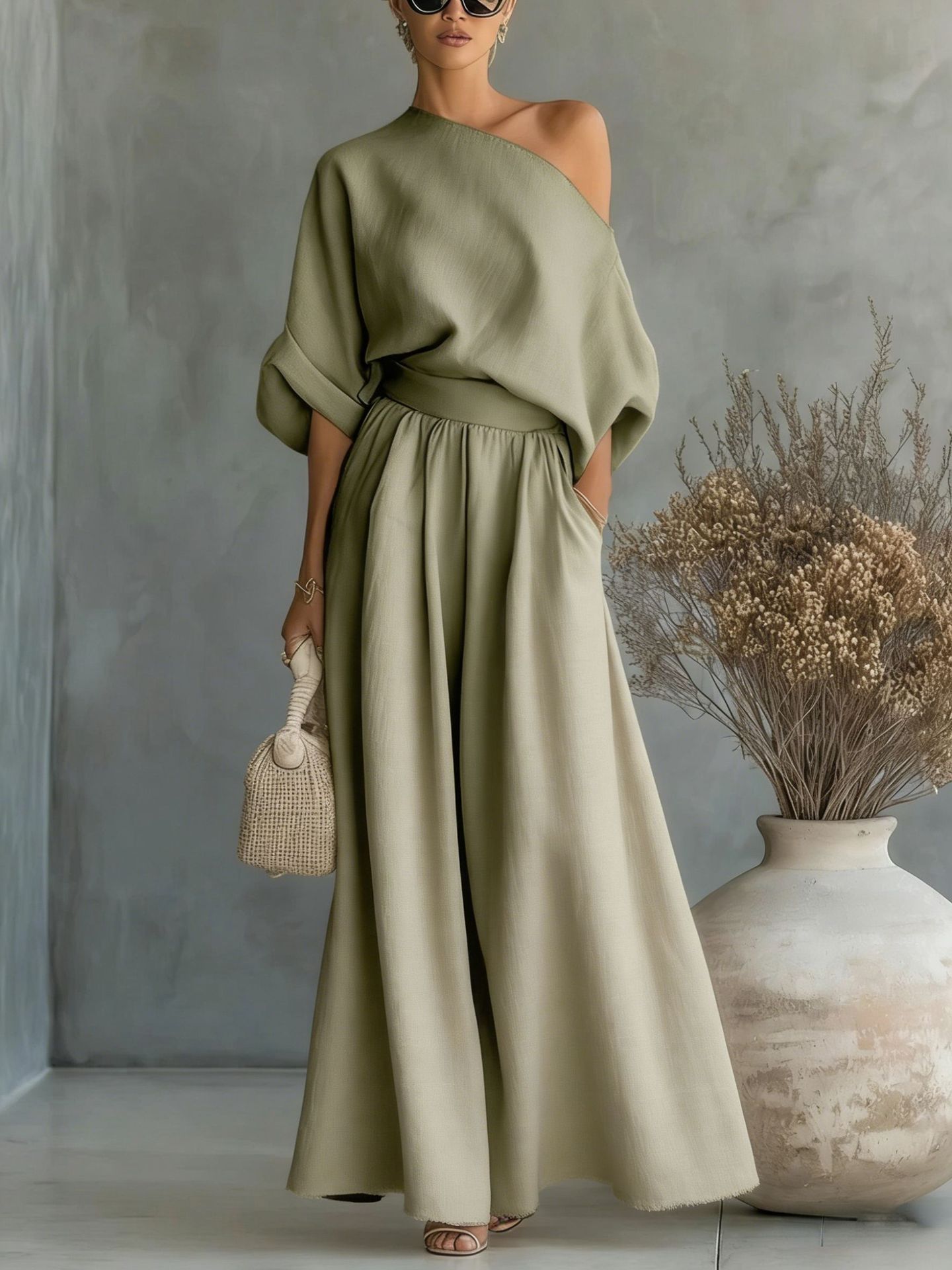 Women's One-Shoulder Linen-Look Maxi Set – Two-Piece Summer Outfit for Beach & Holidays