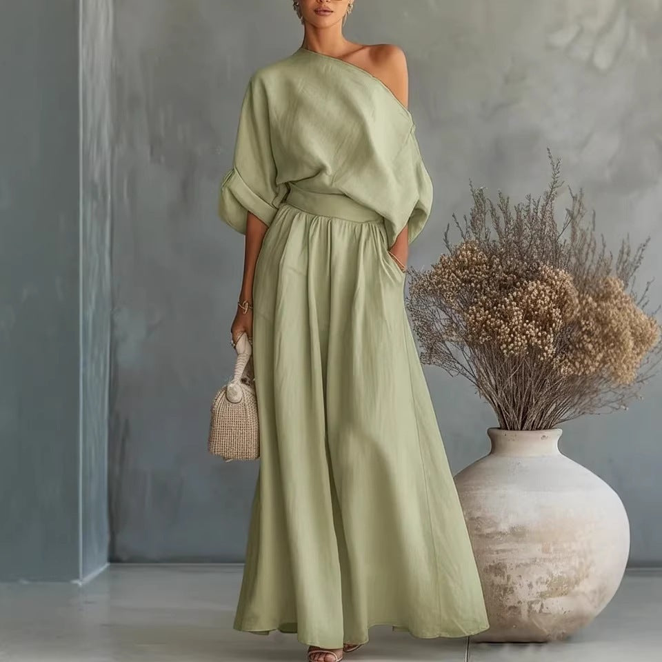 Women's One-Shoulder Linen-Look Maxi Set – Two-Piece Summer Outfit for Beach & Holidays