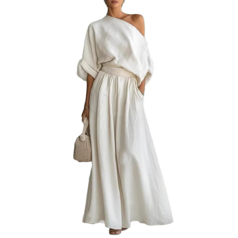 Women's One-Shoulder Linen-Look Maxi Set – Two-Piece Summer Outfit for Beach & Holidays