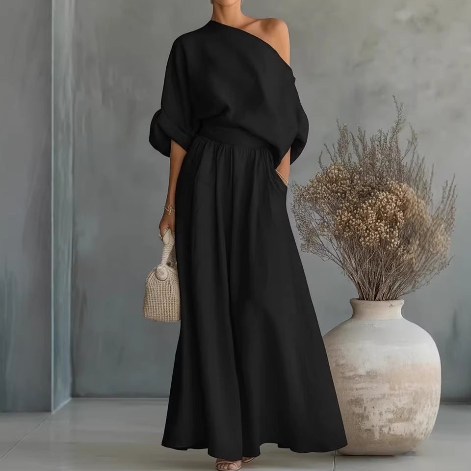 Women's One-Shoulder Linen-Look Maxi Set – Two-Piece Summer Outfit for Beach & Holidays