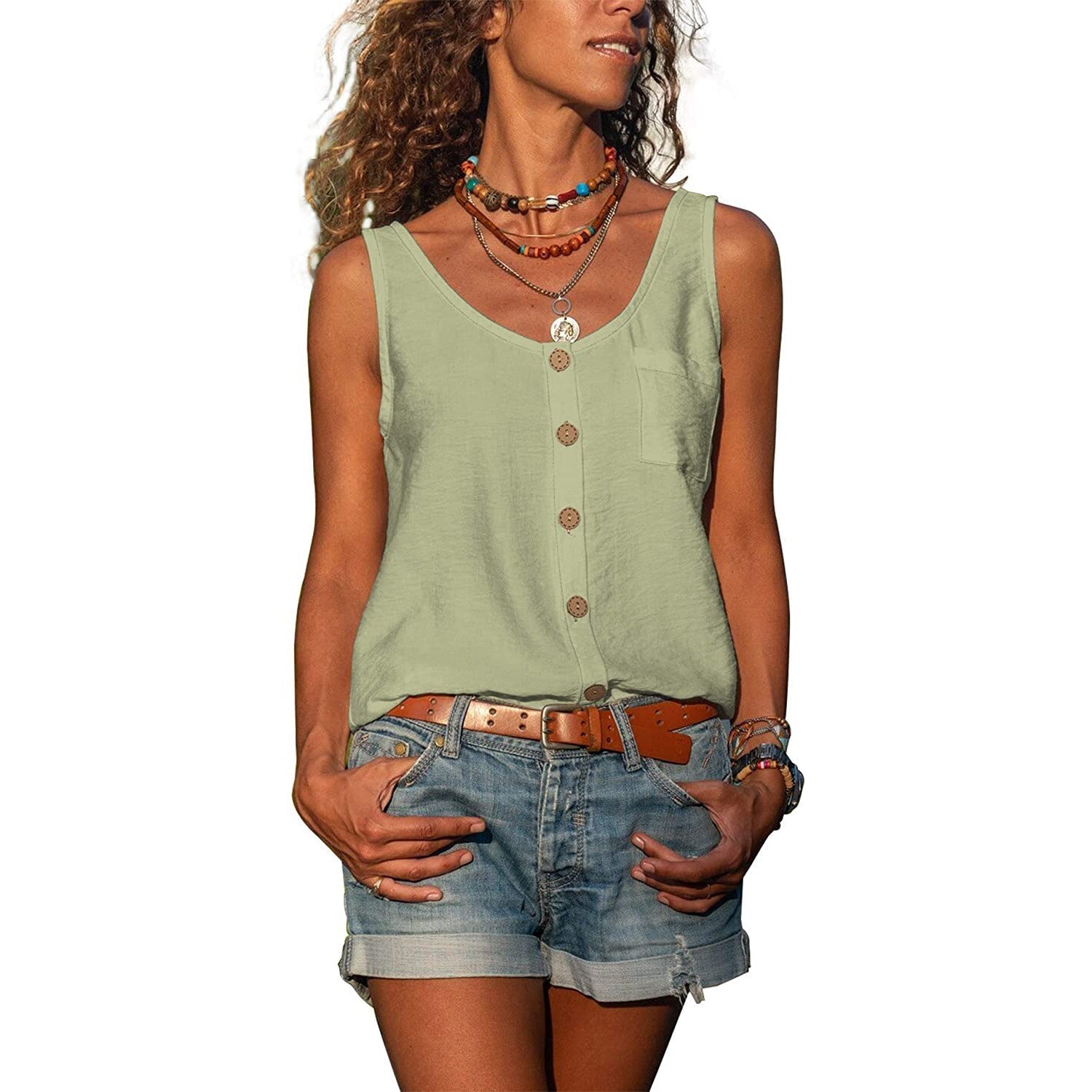 Women's Round Neck Sleeveless Tank Top with Button Detail – Relaxed Casual Summer Top