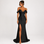 Women's Off-Shoulder Sequin Maxi Dress – Sparkly Formal Evening & Gala Dress