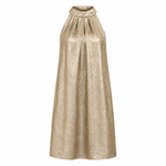 Women's Gold Halter Midi Dress – Draped Elegant Evening & Wedding Guest Dress