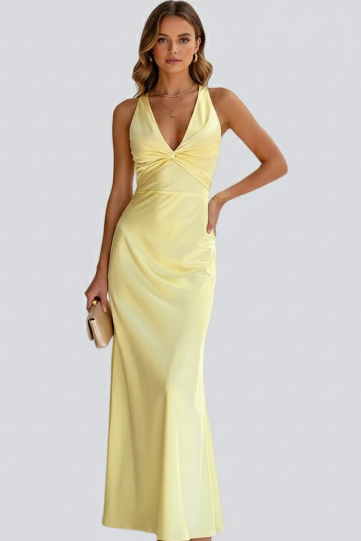 Women's Sleeveless Deep V-Neck Maxi Dress with Fitted Waist – Floor-Length Summer Dress