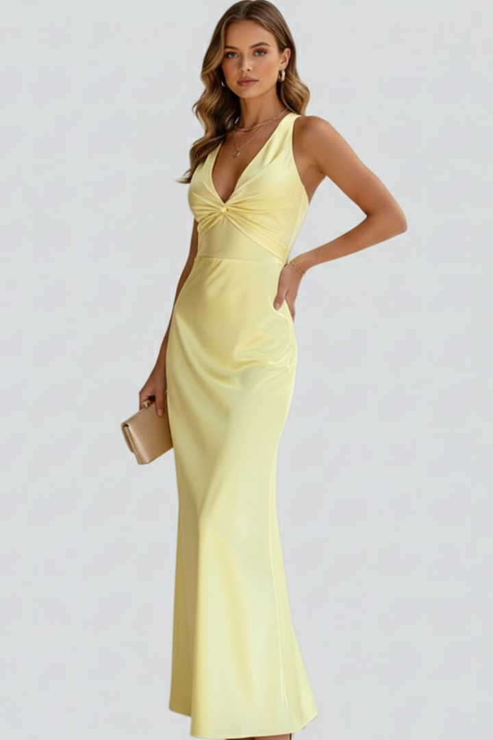 Women's Sleeveless Deep V-Neck Maxi Dress with Fitted Waist – Floor-Length Summer Dress