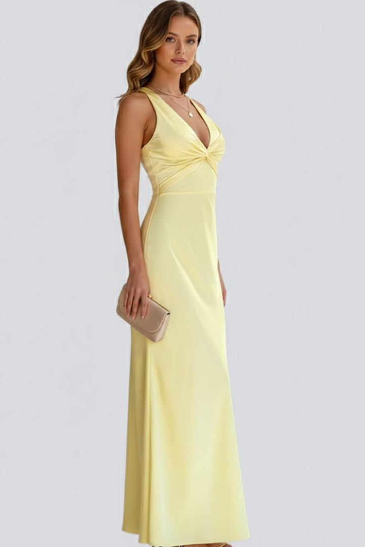 Women's Sleeveless Deep V-Neck Maxi Dress with Fitted Waist – Floor-Length Summer Dress