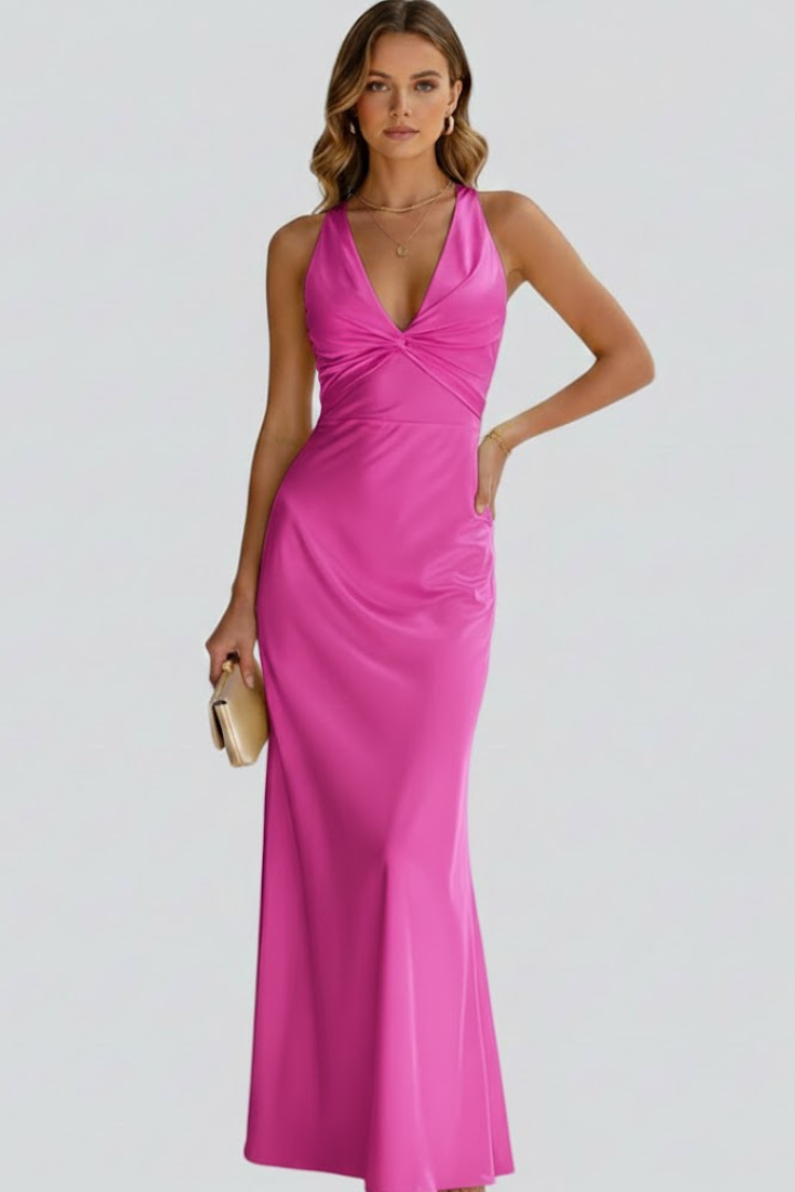 Women's Sleeveless Deep V-Neck Maxi Dress with Fitted Waist – Floor-Length Summer Dress