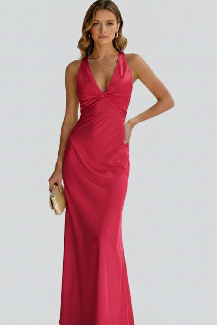 Women's Sleeveless Deep V-Neck Maxi Dress with Fitted Waist – Floor-Length Summer Dress