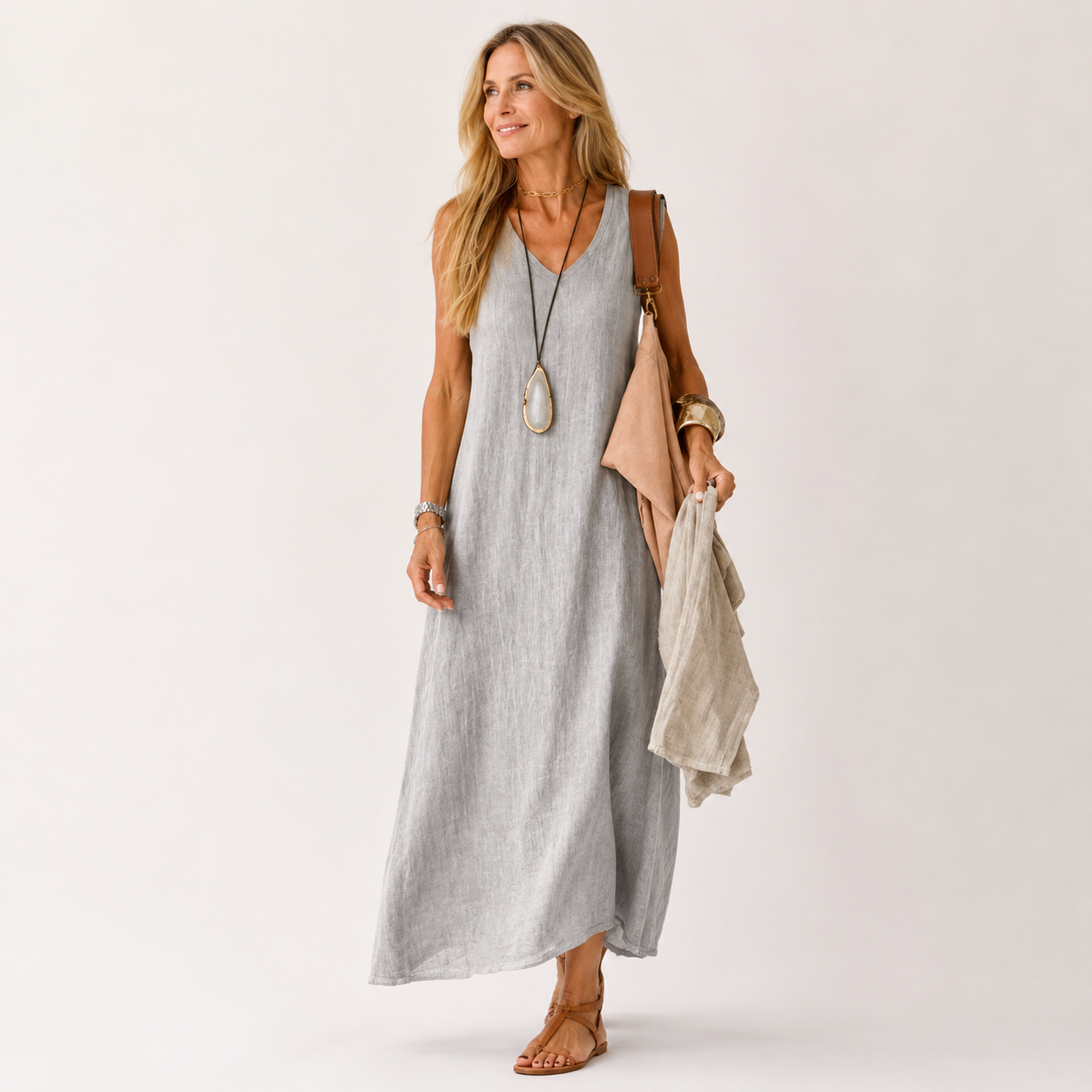 Women's Linen-Look Maxi Dress – Relaxed Flowing Summer Dress for Beach, Holiday & Everyday