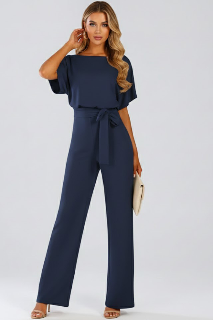 Women's Wide Leg Jumpsuit with Tie Belt & Short Sleeves – Round Neck Casual Summer Jumpsuit