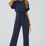 Women's Wide Leg Jumpsuit with Tie Belt & Short Sleeves – Round Neck Casual Summer Jumpsuit