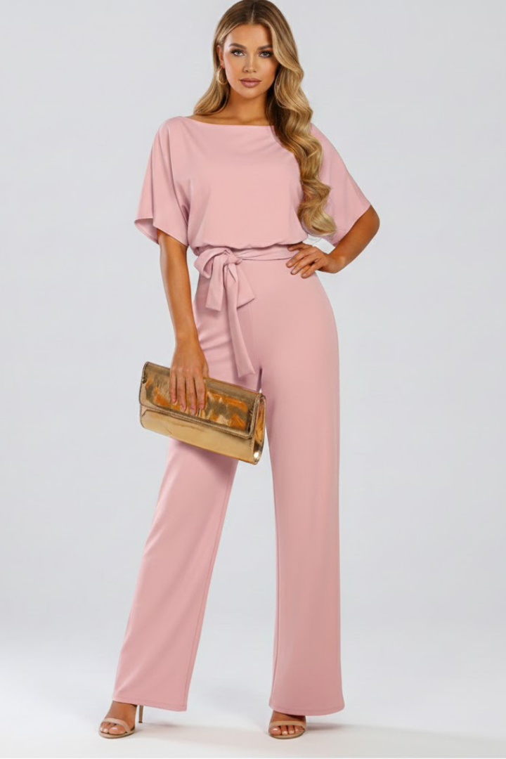Women's Wide Leg Jumpsuit with Tie Belt & Short Sleeves – Round Neck Casual Summer Jumpsuit