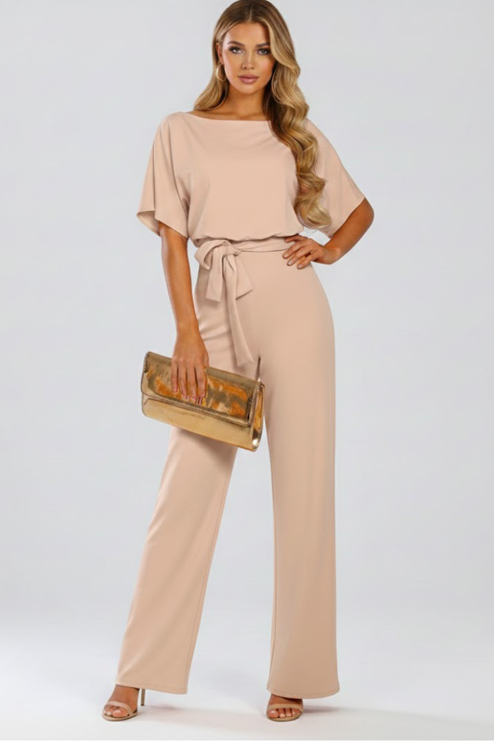 Women's Wide Leg Jumpsuit with Tie Belt & Short Sleeves – Round Neck Casual Summer Jumpsuit