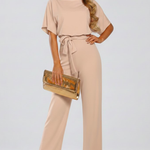 Women's Wide Leg Jumpsuit with Tie Belt & Short Sleeves – Round Neck Casual Summer Jumpsuit