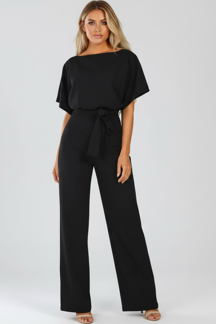 Women's Wide Leg Jumpsuit with Tie Belt & Short Sleeves – Round Neck Casual Summer Jumpsuit