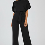 Women's Wide Leg Jumpsuit with Tie Belt & Short Sleeves – Round Neck Casual Summer Jumpsuit